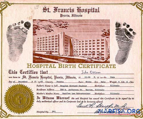 Blank United States St. Francis hospital birth certificate sample